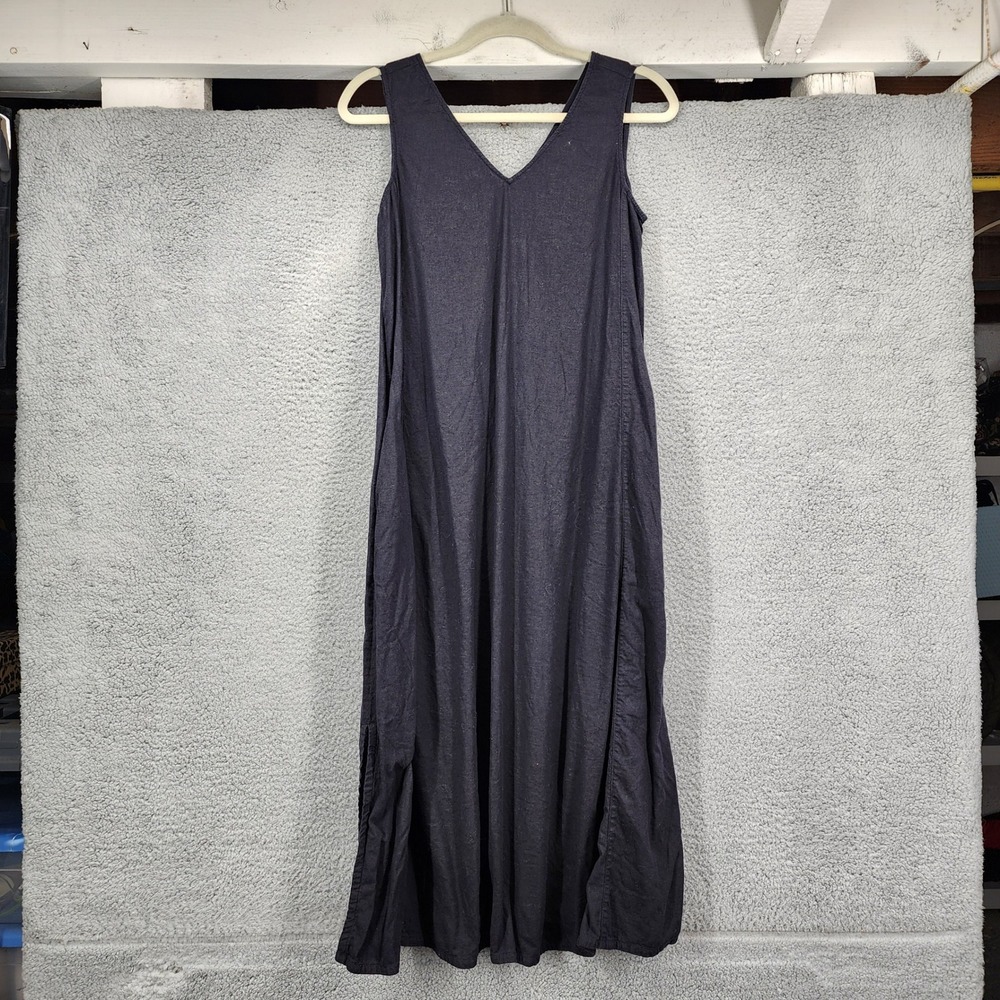 Tahari Women XS Black Linen Blend V-Neck Sleeveless Maxi Dress Side Slits